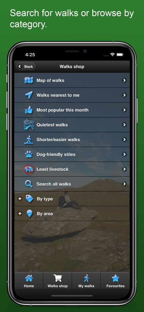 The iWalk Cornwall app walks shop screen showing categories for searching and filtering local walks