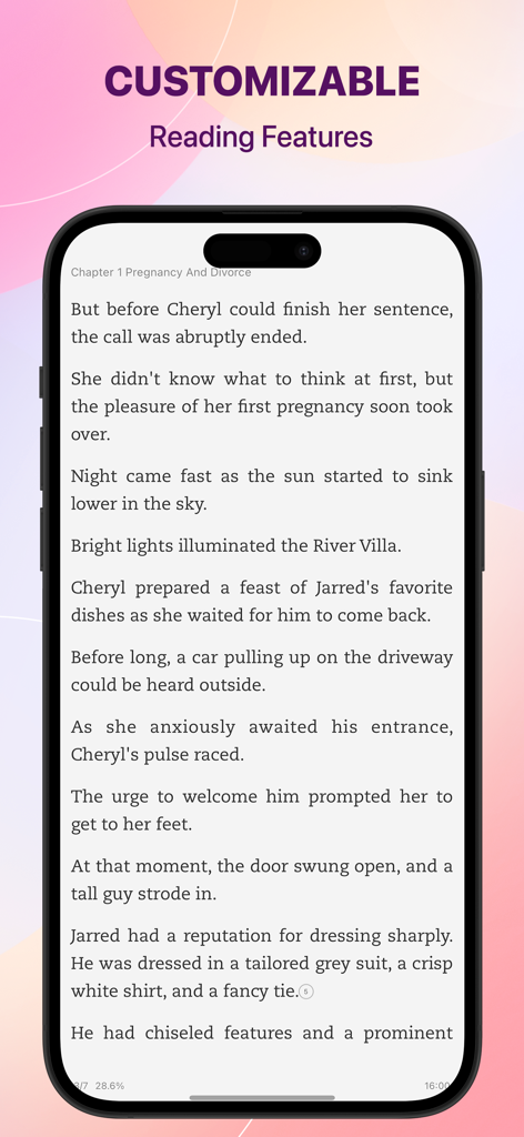 Amolivro: Audiobook & Story - Amolivro app reading screen featuring customizable text settings and a romance story