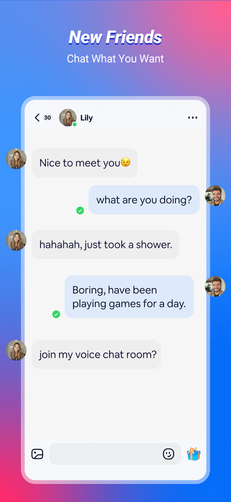 Zili - A private messaging screen in the Zili app showing a conversation between two users with options for emojis and gifts.