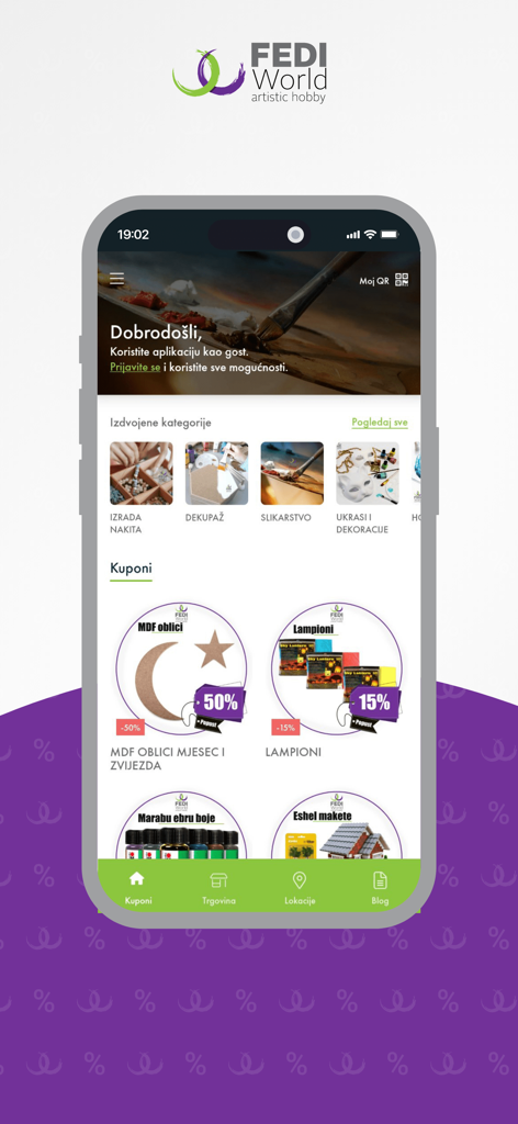 Pantalla de inicio de la aplicación móvil Fedi World mostrando categorías de pasatiempos y cupones de descuento.
