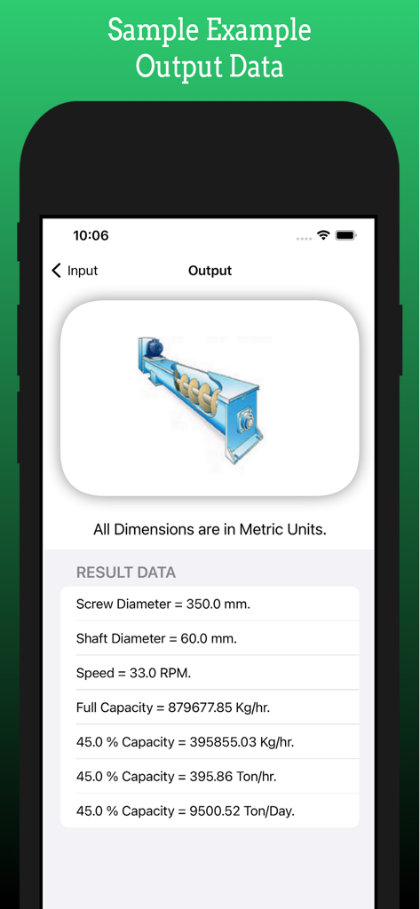 Screenshot of the Screw Conveyor app showing calculated result data for capacity speed and dimensions in metric units