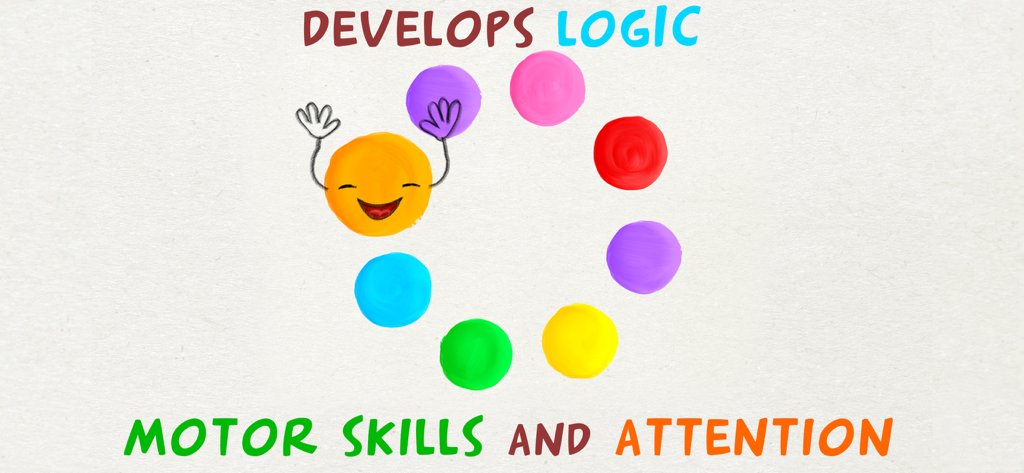 Kids Baby games for toddlers - Educational toddler game screen promoting logic, motor skills, and attention with a smiling orange dot character and colorful circles.