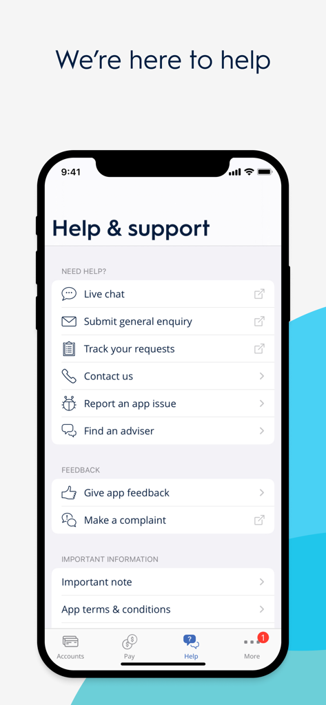 Help and support screen of the My AMP financial app showing options for live chat, contacting support, and reporting issues.