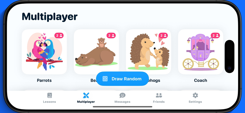 Drawly: Learn to Draw Together - Multiplayer-Auswahlbildschirm in der Drawly-App mit niedlichen Tiermotiv-Zeichenkategorien wie Papageien und Bären.