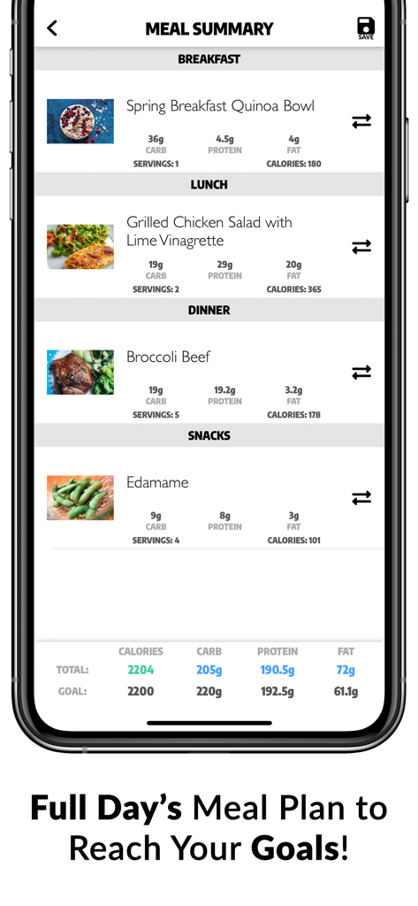 Exerprise Workout Meal Planner - Daily meal plan summary with macro and calorie tracking in the Exerprise app