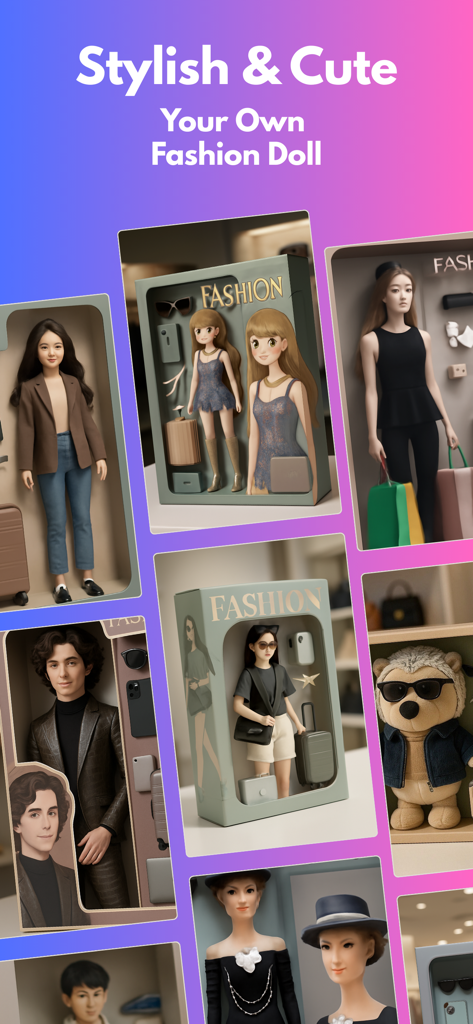 Anime AI: AI Image Generator - AI-generated fashion doll style characters in colorful packaging boxes