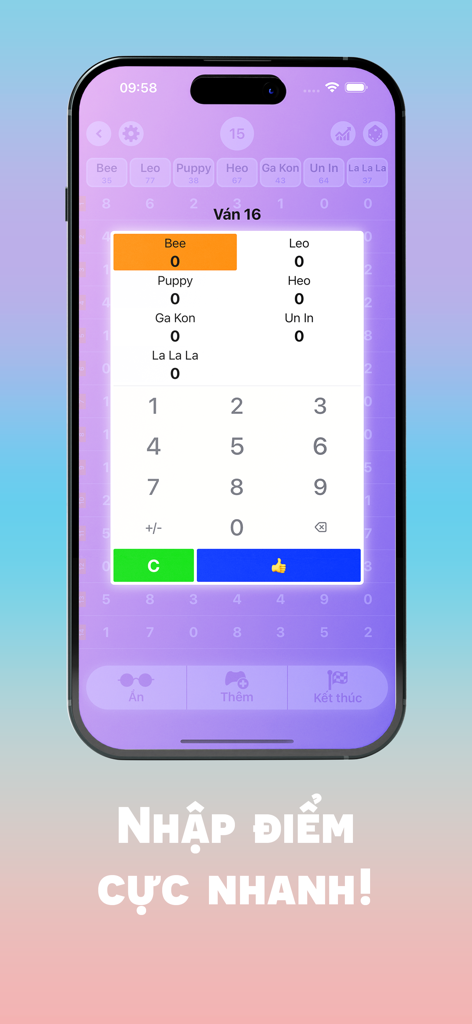 Mobile app interface showing a numeric keypad for entering card game scores for multiple players.