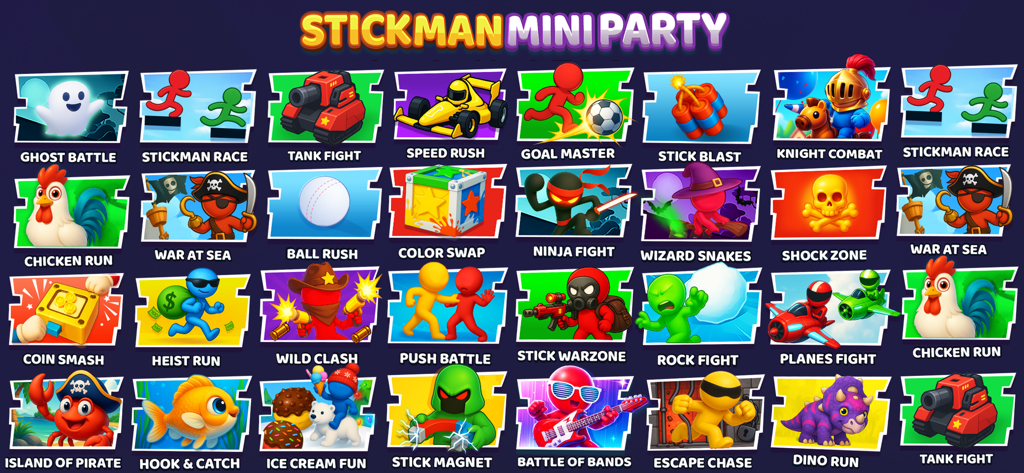 Stick Fun Party Mini Games - Uma grade colorida mostrando uma ampla variedade de minijogos de stickman incluindo corrida, luta e esportes