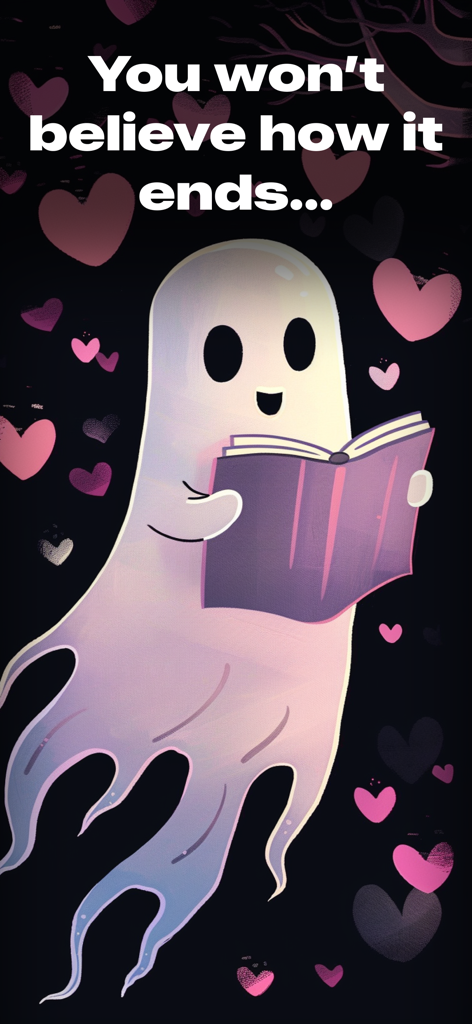Spook: AI Chat & Text Stories - Un lindo fantasma leyendo un libro rodeado de corazones rosas flotantes con texto de avance