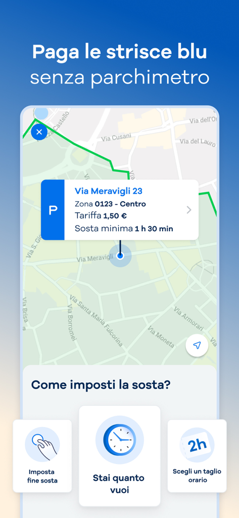 Screenshot einer mobilen App, der eine Karte für die Parkgebührenzahlung mit Optionen zur Festlegung einer Dauer oder zur digitalen Bezahlung von blauen Linien zeigt.