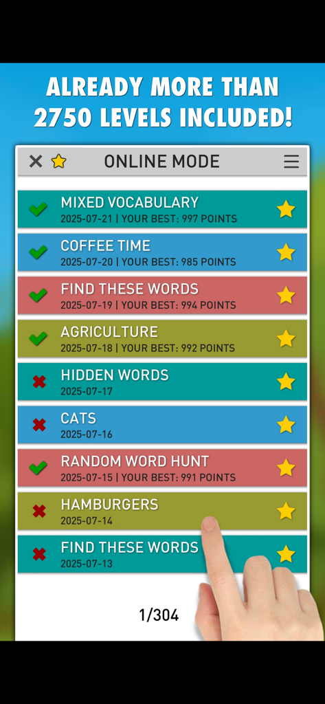 Word Search Daily PRO - List of word search puzzle categories in the Word Search Daily PRO online mode with over 2750 levels