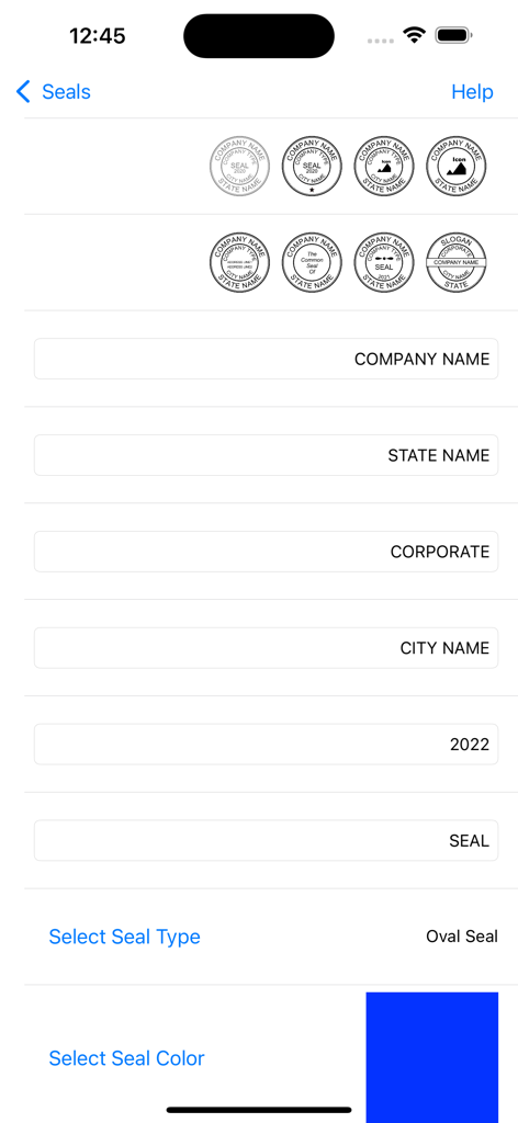 Interface para criar um carimbo digital de empresa com campos para nome da empresa, estado e cor.