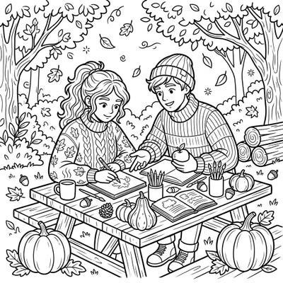 Celebrate the joy of collaboration and the beauty of fall with this heartwarming coloring page. Two creative partners share ideas and art amidst a charming autumn landscape, ready for your artistic touch.