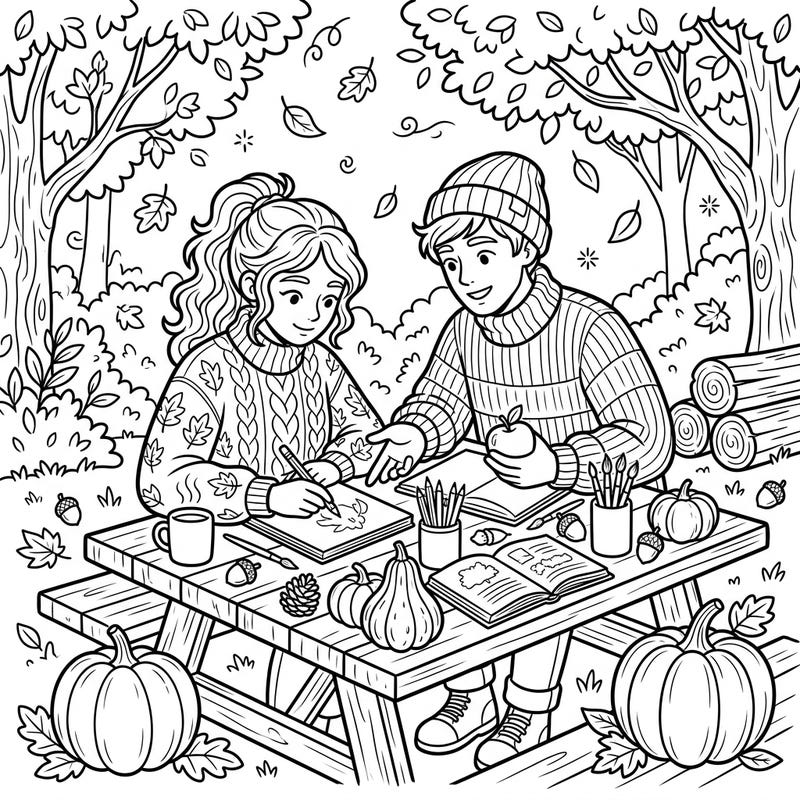 Celebrate the joy of collaboration and the beauty of fall with this heartwarming coloring page. Two creative partners share ideas and art amidst a charming autumn landscape, ready for your artistic touch.