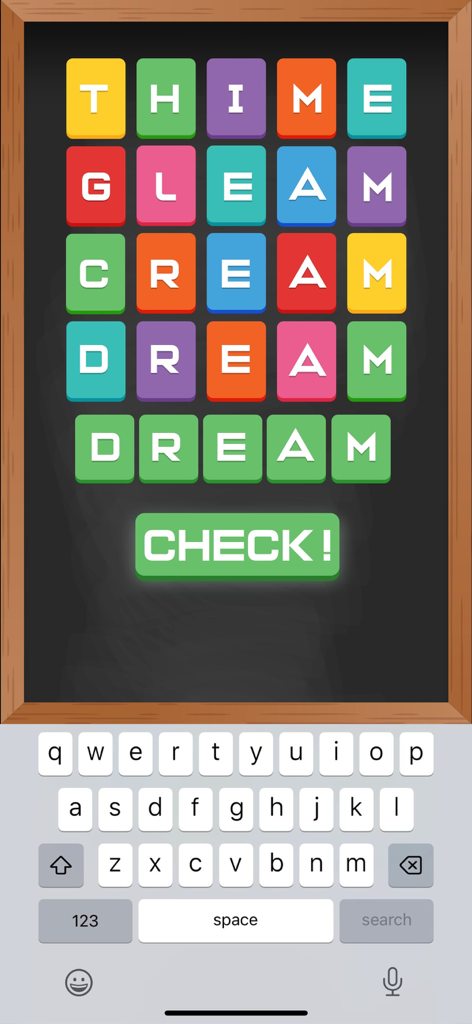 Wordall - Daily Word Test Game - Wordall mobile app gameplay showing a five-letter word puzzle grid on a chalkboard with a keyboard.