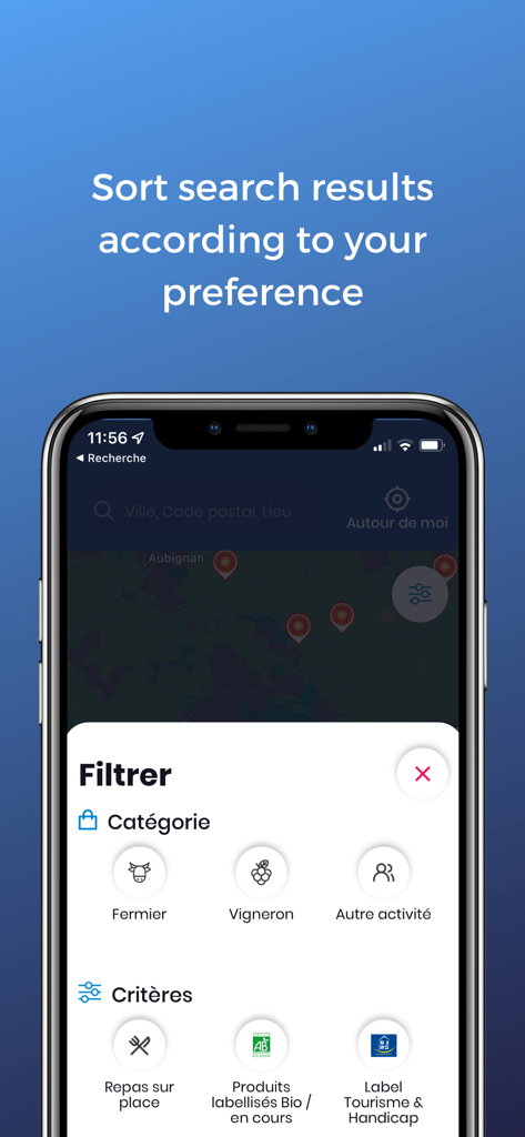 Pantalla de la aplicación móvil France Passion mostrando filtros de búsqueda de paradas para autocaravanas por categoría y criterio.
