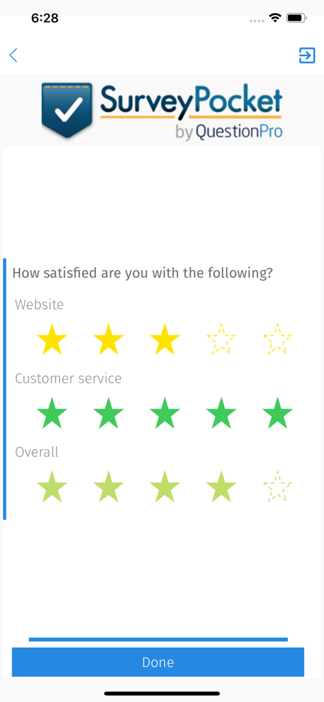 SurveyPocket app screen showing a customer satisfaction survey with star ratings for website and customer service