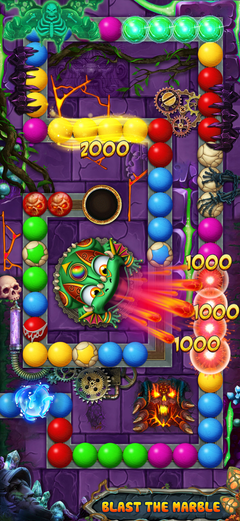 Gameplay of Zumba Classic Marble Blast showing a dragon shooting colored marbles in a stone temple level