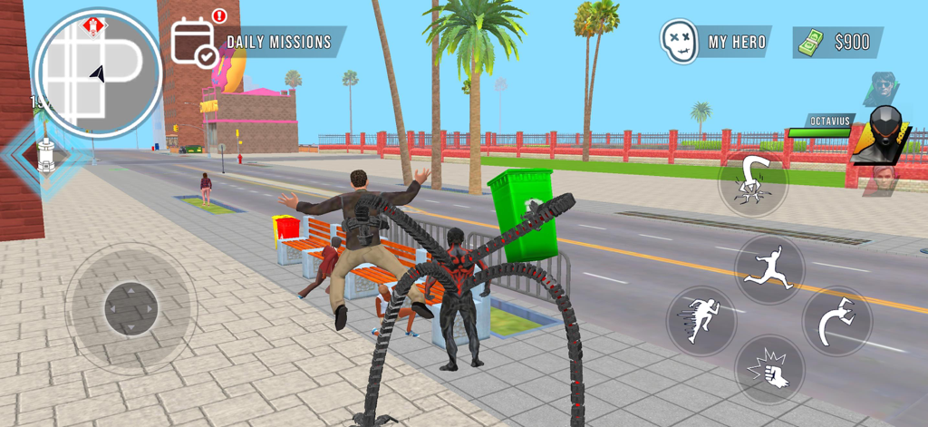 Superhero Crime Open World War - オープンワールドの街の通りで、NPCとゴミ箱を持ち上げる機械的な触手を持つスーパーヒーローのゲームプレイ