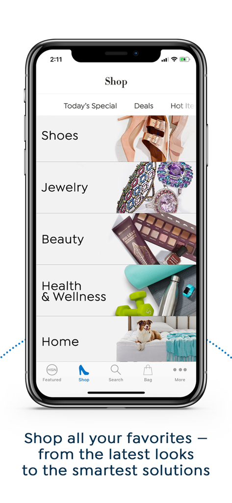 HSN mobile app screen showing diverse shopping categories including shoes jewelry and home goods