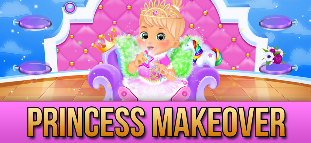 A baby girl dressed as a princess with a crown and wings sitting next to a unicorn for a makeover.