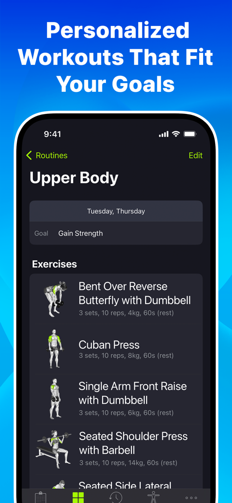 iPhone screenshot of SmartGym app showing a personalized upper body strength training routine with exercises and sets.