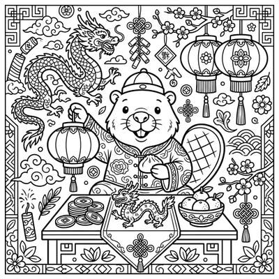 Embrace the spirit of renewal and celebration with this enchanting Lunar New Year beaver coloring page. Discover intricate details like dragons, lanterns, and lucky symbols, ready for your creative touch.