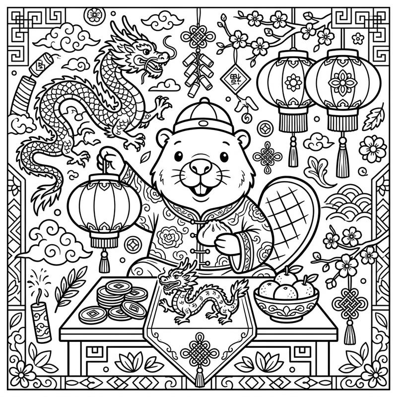 Embrace the spirit of renewal and celebration with this enchanting Lunar New Year beaver coloring page. Discover intricate details like dragons, lanterns, and lucky symbols, ready for your creative touch.