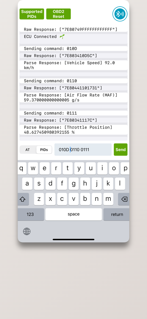 Mobile terminal interface displaying raw ECU responses and parsed vehicle parameters including speed and throttle position