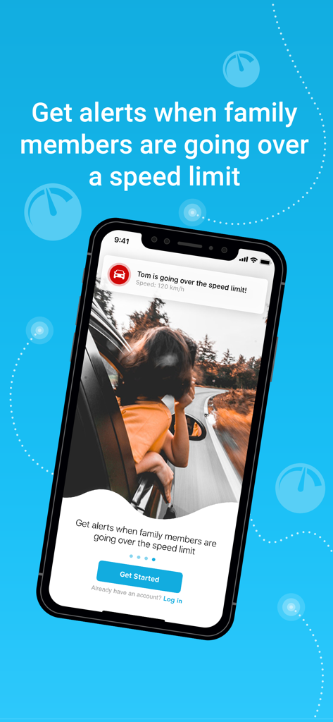 Family Locator & GPS Tracker - A smartphone displaying a speeding alert notification from the Family Locator app for a family member driving over the speed limit