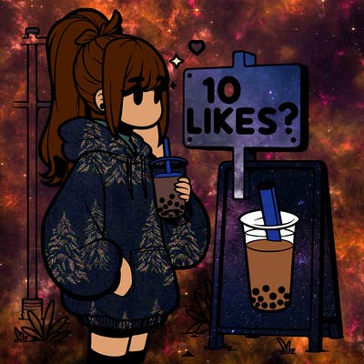girl with oversized hoodie drinking boba and she has a high ponytail with a sign that says 10likes?