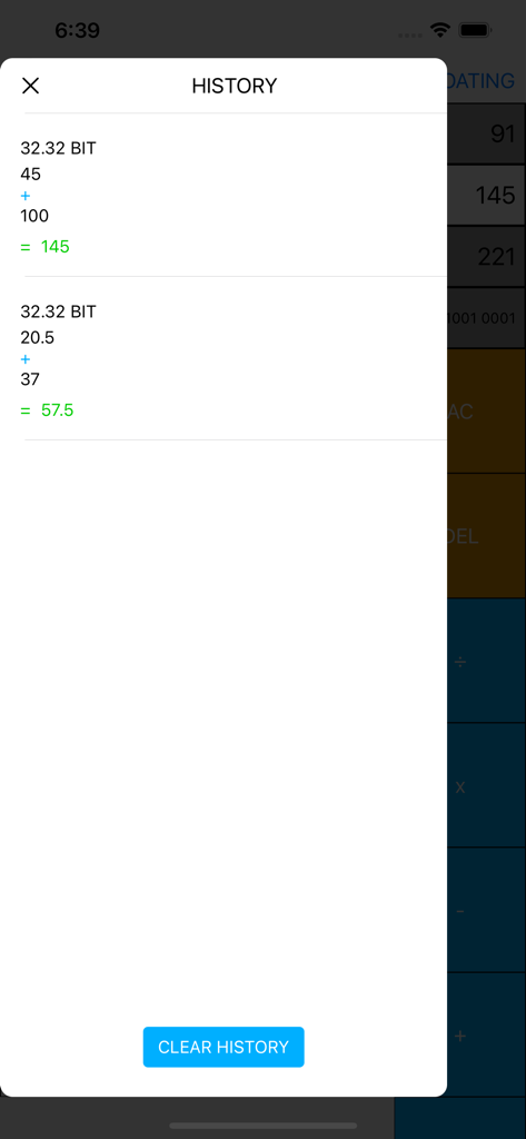 History screen of the Programmer Calculator Pro app showing a list of recent calculations with bit depth and decimal results