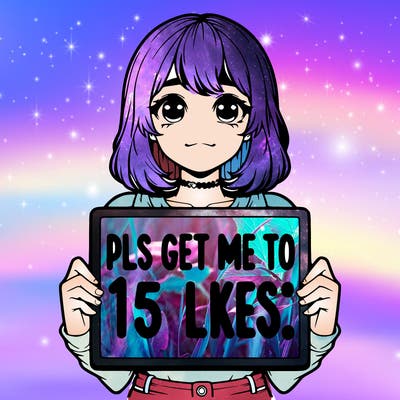 realistic girl holding up a sign that says “pls get me to 15 likes!”