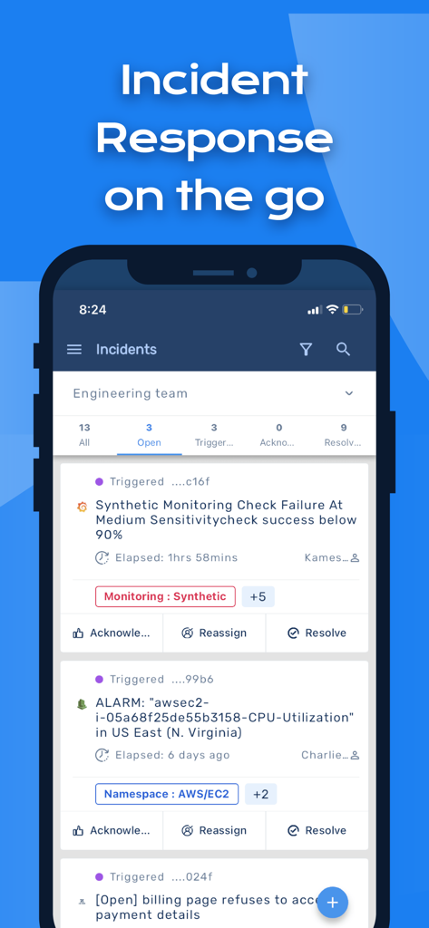 Squadcast app interface displaying incident reports and response buttons for on-call engineers