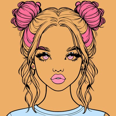 realistic girl with two buns in hair and lips