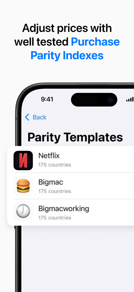 Price Localize app screen showing parity templates for Netflix and Big Mac indexes across 175 countries.