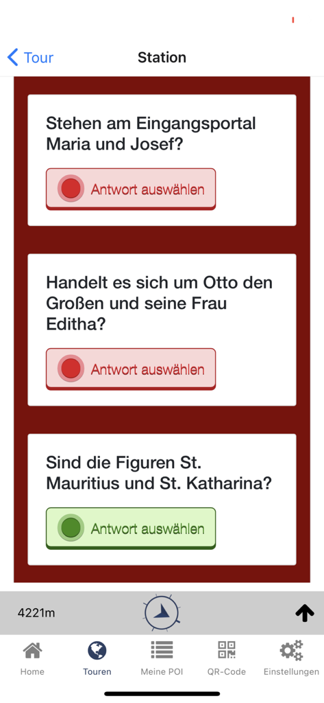 Tourguide Magdeburg - Stazione interattiva di quiz storici nell'app mobile Tourguide Magdeburg con domande sui personaggi storici.