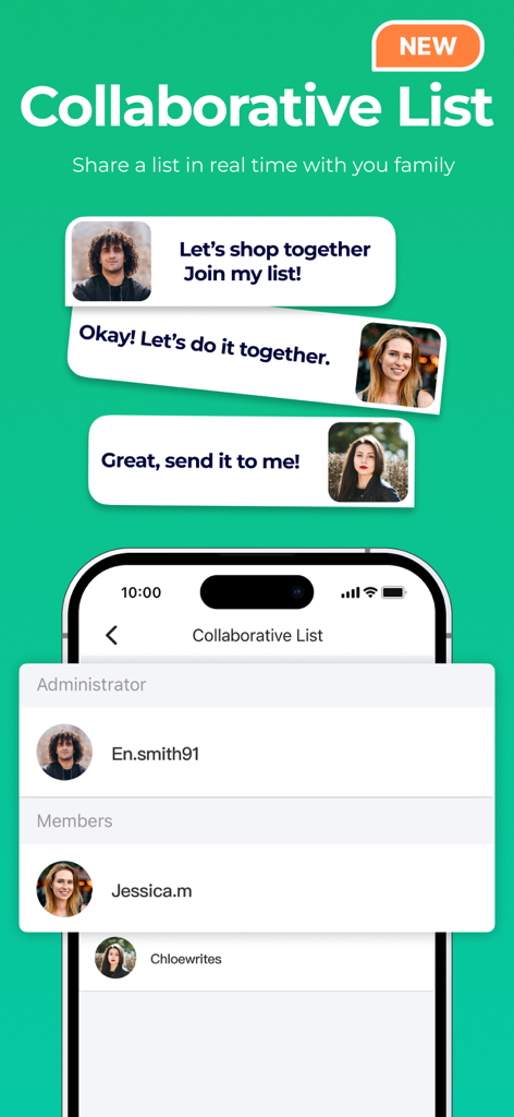 WiseList - WiseListアプリのインターフェース。家族がリアルタイムでリストを共有・管理できる共同ショッピングリスト機能が表示されています。