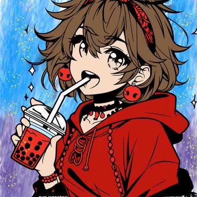 hot baddie anime girl drinking boba and biting the straw