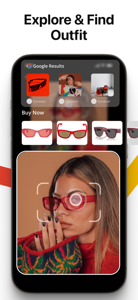 Lens AI app identifying a pair of red sunglasses with shopping results displayed.