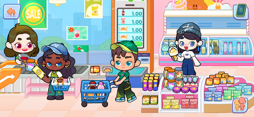 Personnages de dessin animé faisant leurs courses et passant à la caisse dans un supermarché animé dans l'application Game World Life Story.