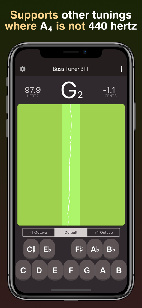 Bass Tuner BT1 Pro - Interfaz de la aplicación Bass Tuner BT1 Pro mostrando ajustes personalizados de frecuencia A4 y gráfico de tono en vivo para la nota G2.