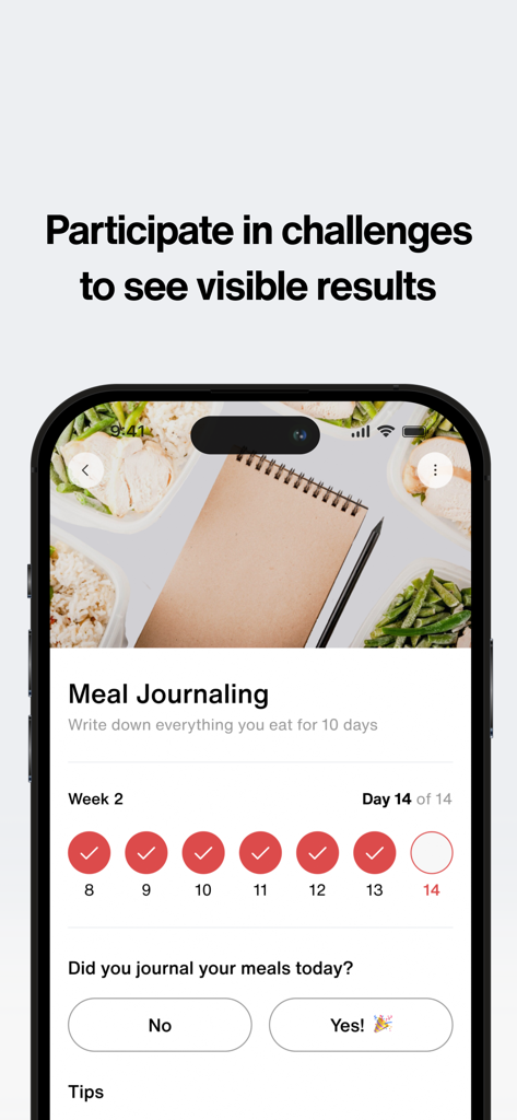 Carnimeat - Interfaz de la aplicación Carnimeat que muestra un desafío de diario de comidas con un rastreador de progreso diario