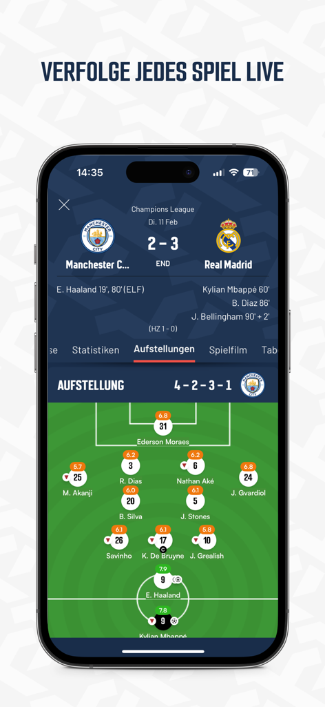 SPOX app interface displaying a live soccer match lineup with player ratings for Manchester City versus Real Madrid