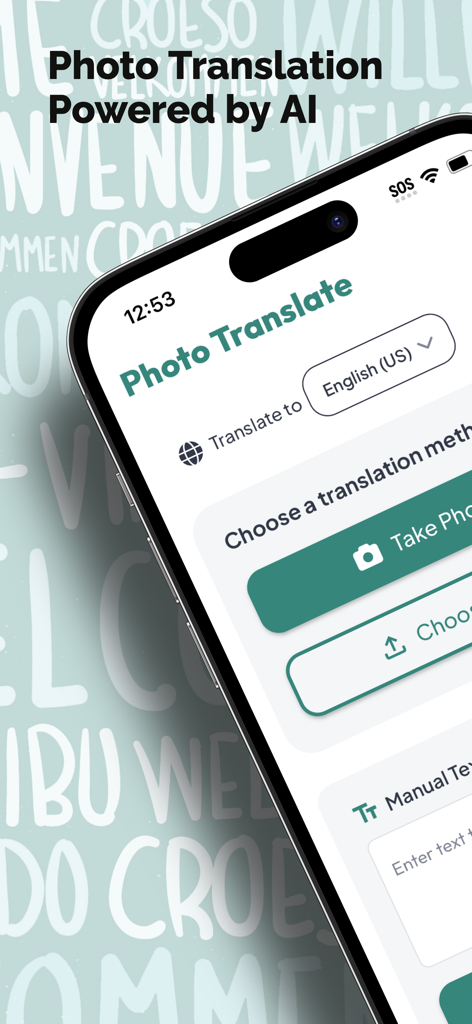 AI Photo Translator app interface on an iPhone showing options for photo translation and manual text input