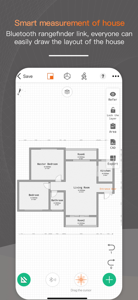 ZHouse mobile app interface showing a 2D house floor plan layout with room labels and design tools