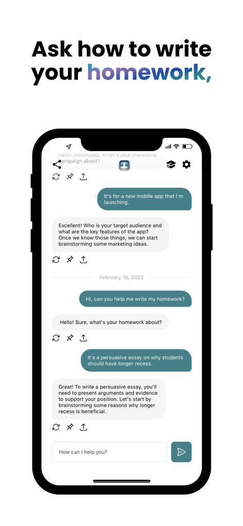 Smartphone screen showing a chat with Jane AI assistant about writing a persuasive essay
