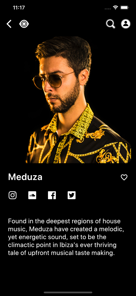 Künstlerprofilseite für Meduza in der Insomniac Events App mit Bio- und Social-Media-Links.