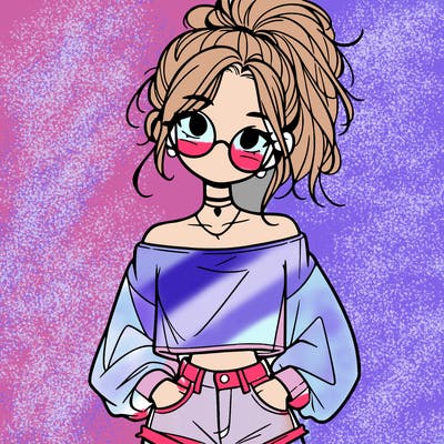 girl with a messy ponytail glasses a baggy crop top and jean shorts