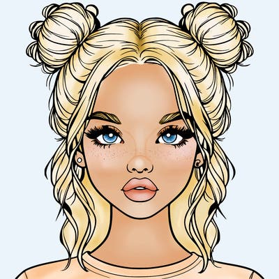 realistic girl with two buns in hair and lips